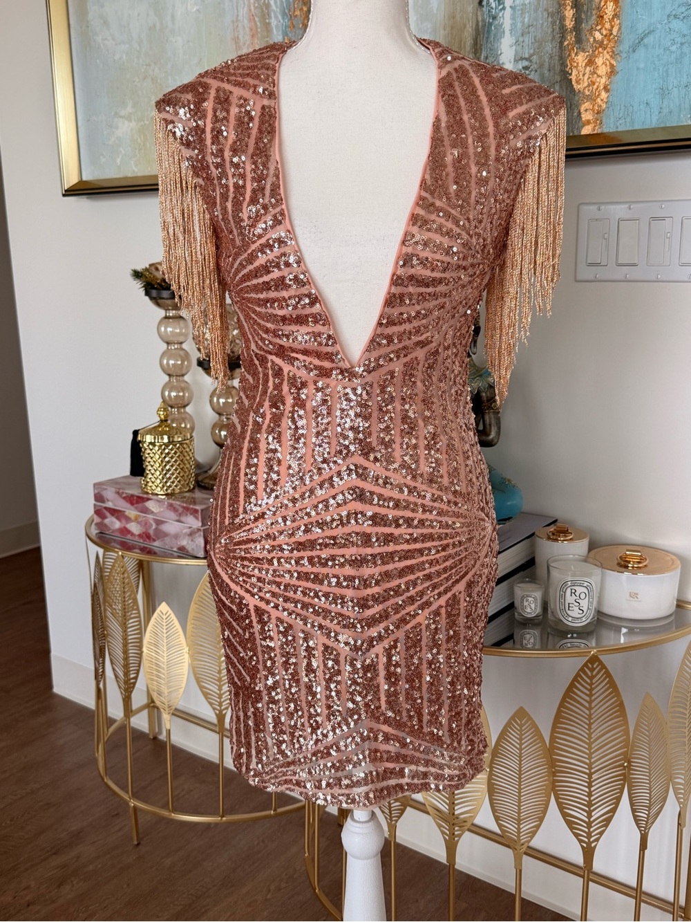 Rare London Rose Gold Sequin Fringe Deep V Mini Dress